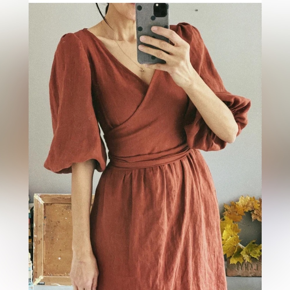 Women's Rust Wrap Midi Dress with Puff Sleeves - Picture 8 of 14
